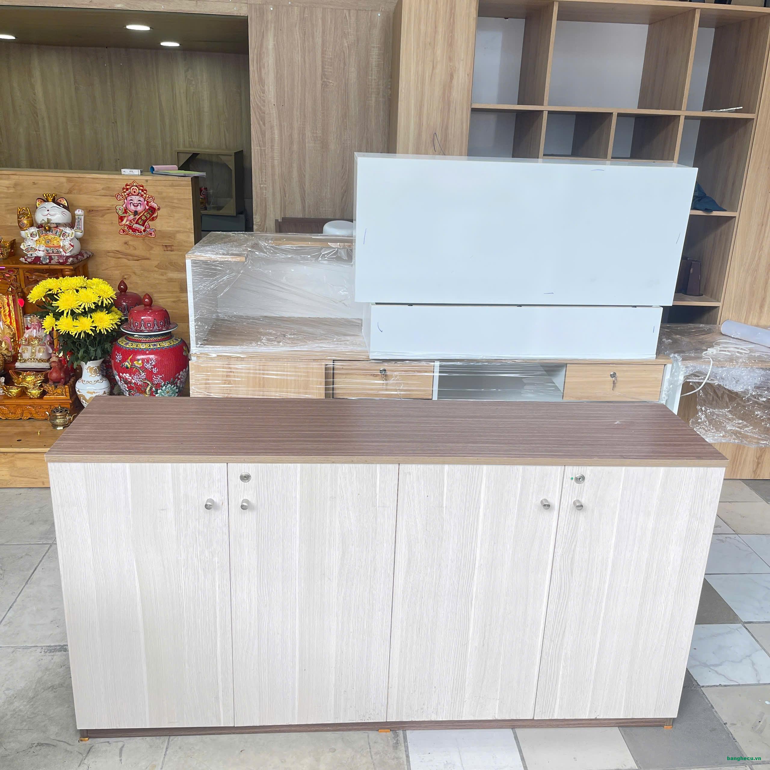 Tủ hồ sơ thấp 4 cánh gỗ MDF màu nâu mới 90%