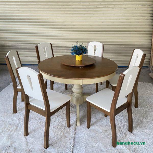 Bộ bàn ăn trụ xoay 6 ghế gỗ tự nhiên mới 99%
