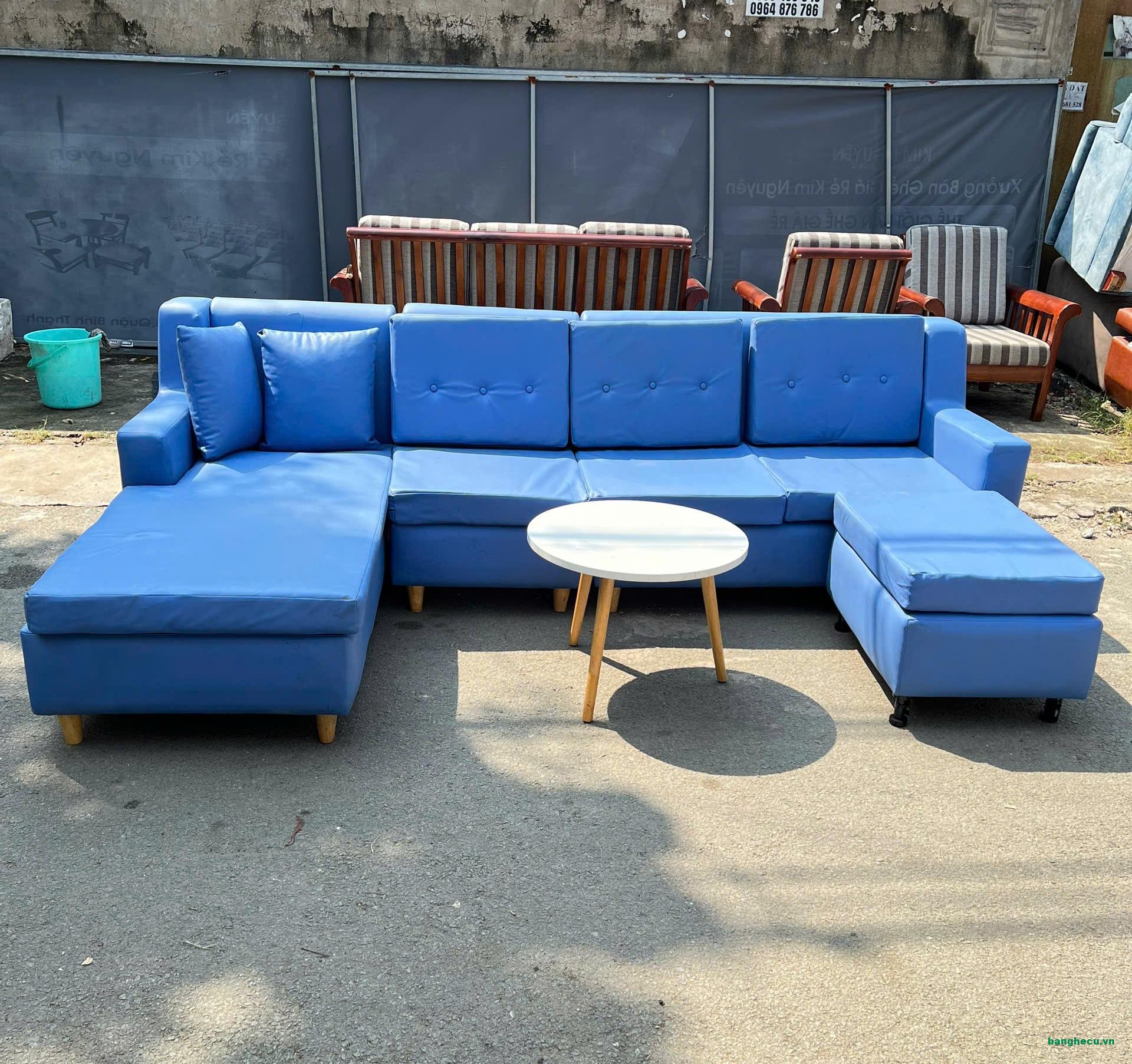 Bộ ghế sofa phòng khách bọc da màu xanh chữ U