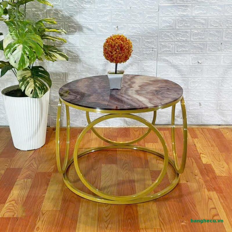 Bàn trà sofa hình tròn khung kim loại mạ vàng sang trọng mới 99% - Ảnh 4