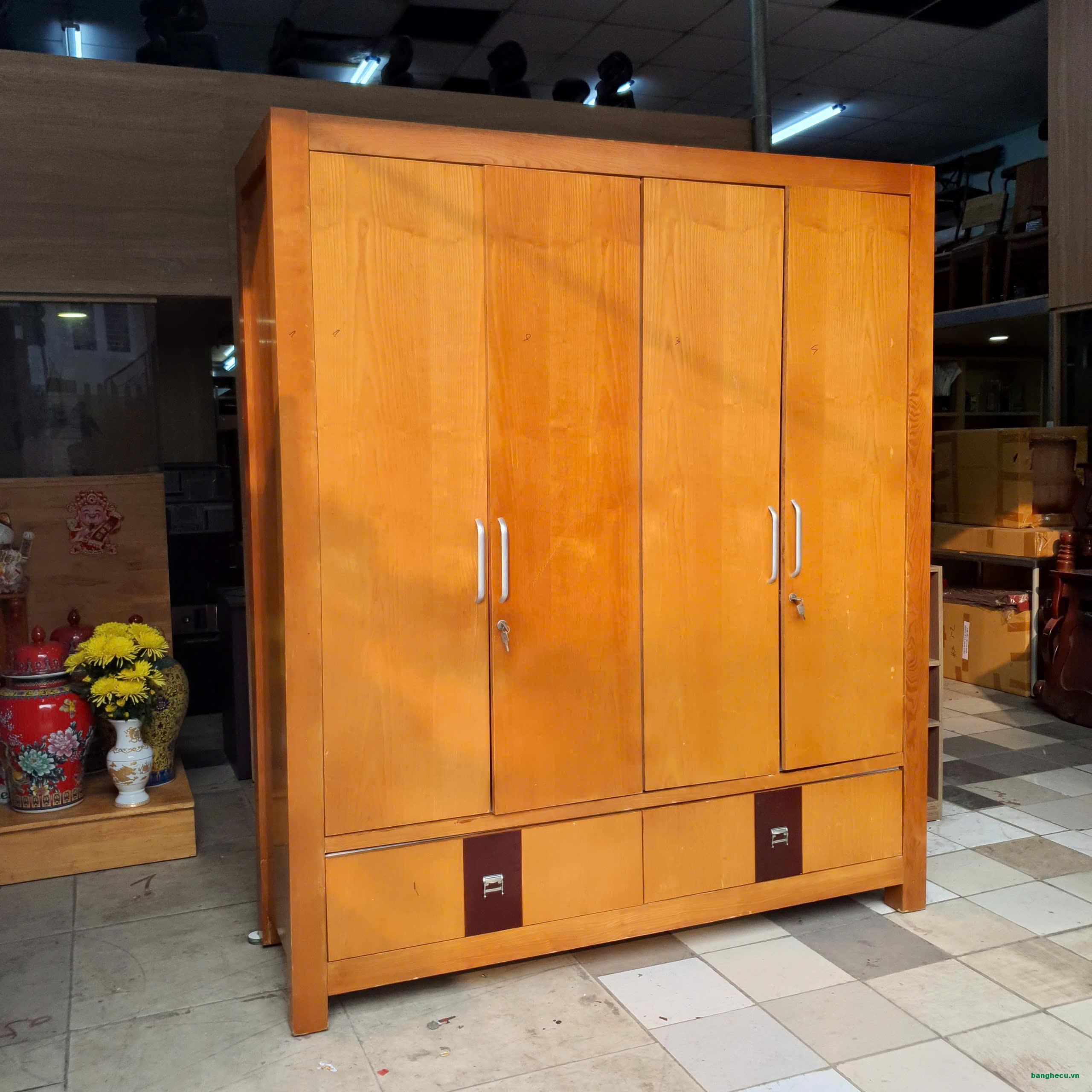 Tủ quần áo 4 cánh 1m8x2m1 gỗ MDF phủ màu gỗ như mới