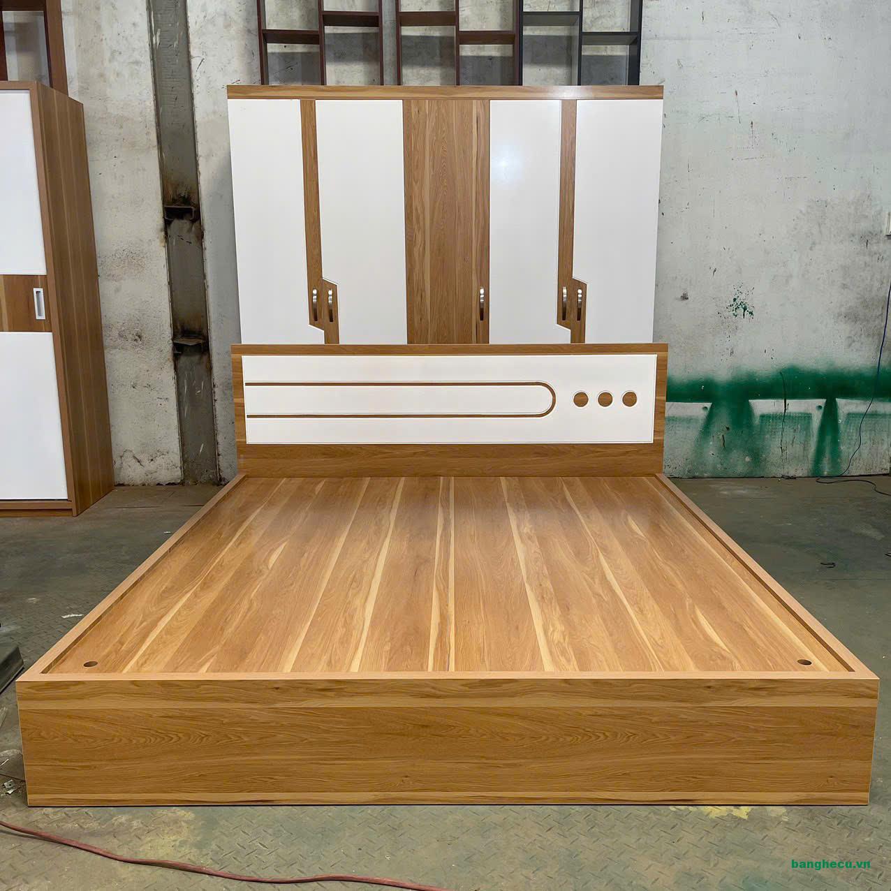 Giường gỗ MDF màu nâu ốp chỉ đầu giường cao cấp - Ảnh 4