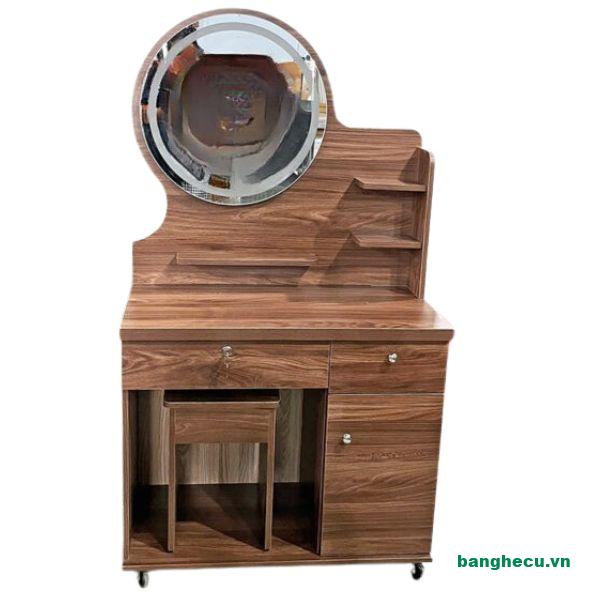 Bàn trang điểm gỗ MDF nâu gương led tròn sang trọng